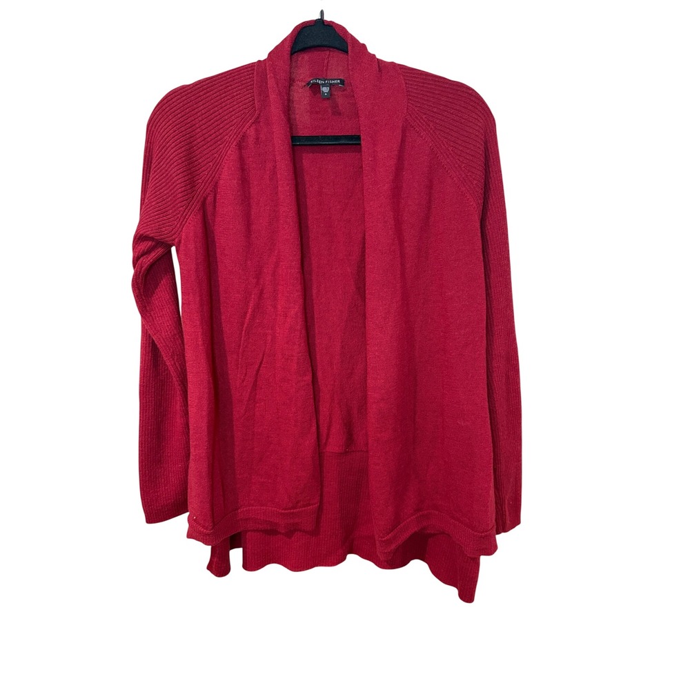 Eileen Fisher 100% Merino Wool Open Front Cardigan Red Ribbed Sleeve Size Small